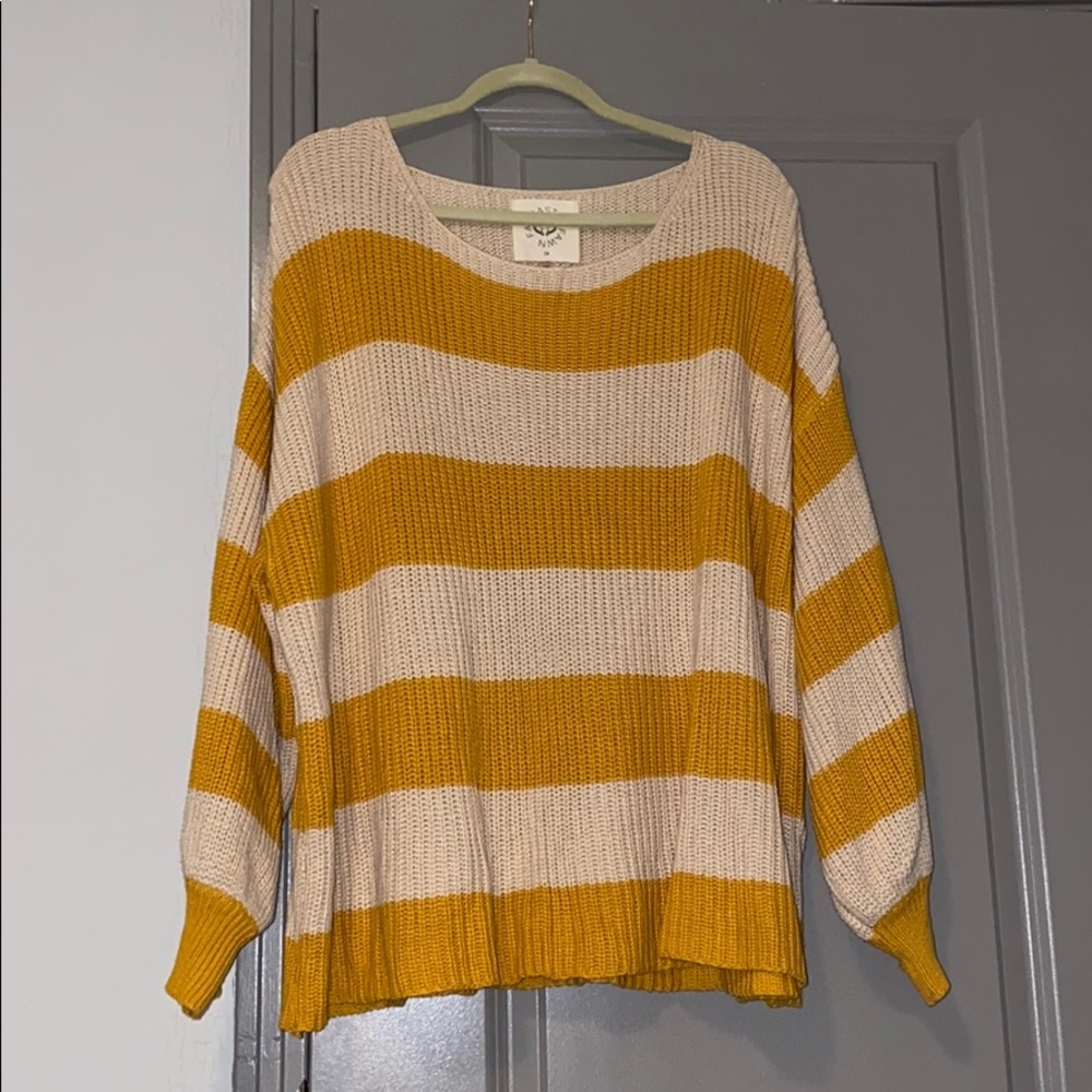 Mustard striped balloon sleeve sweater plus size